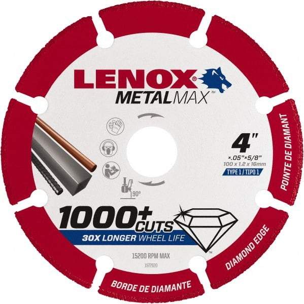 Lenox - 4" 40/50 Grit Diamond Cutoff Wheel - 0.05" Thick, 5/8" Arbor, 15,200 Max RPM, Use with Angle Grinders - Exact Industrial Supply