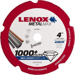 Lenox - 4" 40/50 Grit Diamond Cutoff Wheel - 0.05" Thick, 3/8" Arbor, 15,200 Max RPM, Use with Die Grinders - Exact Industrial Supply