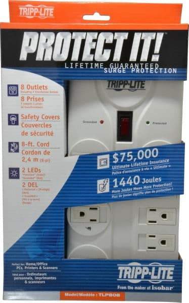 Tripp-Lite - 8 Outlets, 120 Volts, 15 Amps, 8' Cord, Power Outlet Strip - Free Hanging, Keyhole Mount, 5-15P NEMA Configuration, 9.55" Strip, UL1449 3rd Edition - Exact Industrial Supply