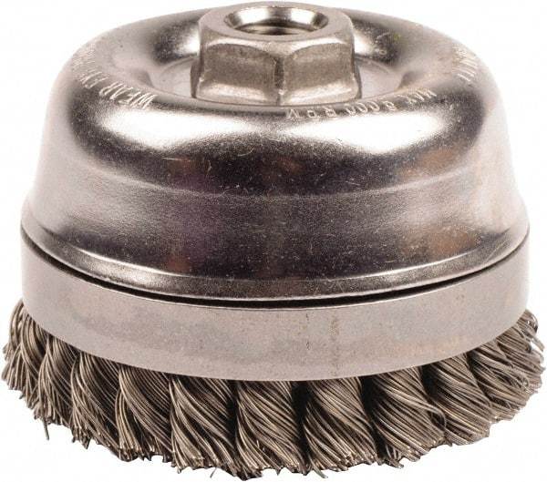 Weiler - 4" Diam, 5/8-11 Threaded Arbor, Steel Fill Cup Brush - 0.02 Wire Diam, 7/8" Trim Length, 9,000 Max RPM - Exact Industrial Supply