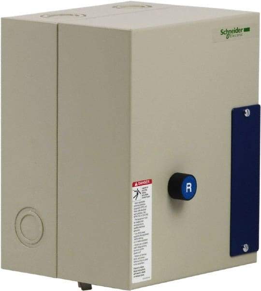 Schneider Electric - 9 Amp, 120 Coil VAC, Reversible Enclosed IEC Motor Starter - 1 Phase Hp: 0.3 at 120 VAC, 1 at 240 VAC, 3 Phase Hp: 2 at 208 VAC, 2 at 230 VAC, 5 at 460 VAC, 7.5 at 575 VAC - Exact Industrial Supply