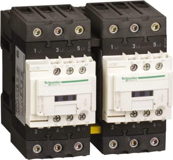 Schneider Electric - 3 Pole, 120 Coil VAC at 50 Hz and 120 Coil VAC at 60 Hz, 40 Amp, IEC Contactor - 1 Phase hp: 3 hp (115), 5 hp (230/240), 3 Phase hp: 10 hp (200/208), 10 hp (230/240), 30 hp (460/480), 30 hp (575/600) - Exact Industrial Supply