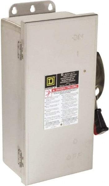 Square D - 30 Amp, 600 VAC/VDC, 3 Pole Nonfused Safety Switch - NEMA 12, 3, 3R, 4 & 4X, 10 hp at 600 VAC, 15 at 600 VDC (Single Phase), 30 hp at 600 VAC, 15 hp at 600 VDC (Triple Phase), 3PST Contact Form - Exact Industrial Supply