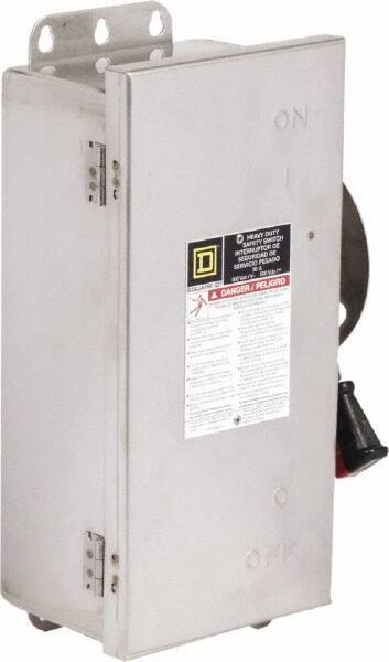 Square D - 30 Amp, 600 VAC/VDC, 3 Pole Fused Safety Switch - NEMA 12, 3, 3R, 4 & 4X, 7.5 hp at 480 VAC, 5 hp at 250 VDC (Single Phase), 20 hp at 600 VAC, 10 hp at 600 VDC (Triple Phase), 3PST Contact Form - Exact Industrial Supply