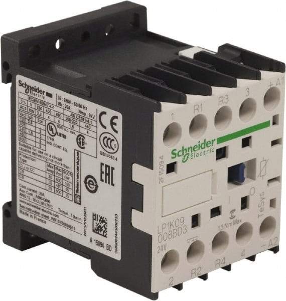 Schneider Electric - 4 Pole, 24 Coil VDC, 16 Amp at 690 VAC and 20 Amp at 440 VAC, Nonreversible IEC Contactor - BS 5424, CSA, IEC 60947, NF C 63-110, RoHS Compliant, UL Listed, VDE 0660 - Exact Industrial Supply