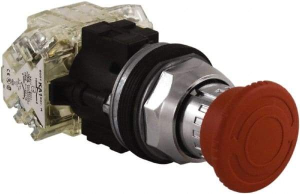 Schneider Electric - Extended Mushroom Head Pushbutton Switch Emergency Stop - Red, Round Button - Exact Industrial Supply