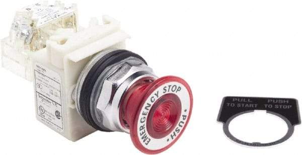 Schneider Electric - 30mm Mount Hole, Extended Straight, Pushbutton Switch with Contact Block - Red Pushbutton, Maintained (MA) - Exact Industrial Supply