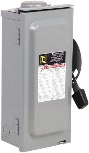 Square D - 60 Amp, 240 V, 2 Pole Fused Safety Switch - NEMA 3R, 10 hp at 240 VAC (Single Phase), 15 hp at 240 VAC (Triple Phase), DPST Contact Form - Exact Industrial Supply