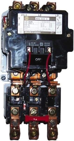 Square D - 220 Coil VAC at 50 Hz, 240 Coil VAC at 60 Hz, 135 Amp, NEMA Size 4, Nonreversible Open Enclosure NEMA Motor Starter - 3 Phase hp: 100 at 460 VAC, 100 at 575 VAC, 40 at 200 VAC, 50 at 230 VAC - Exact Industrial Supply