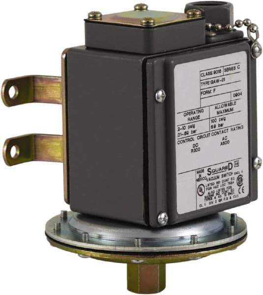 Square D - 4, 13 and 4X NEMA Rated, DPDT, 0.2 to 10 psi, Vacuum Switch Pressure and Level Switch - Adjustable Pressure, 120 VAC, 125 VDC, 240 VAC, 250 VDC, Screw Terminal - Exact Industrial Supply