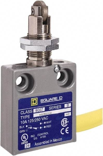 Square D - SPDT, NC/NO, 240 VAC, Prewired Terminal, Roller Plunger Actuator, General Purpose Limit Switch - 1, 2, 4, 6, 6P NEMA Rating, IP67 IPR Rating, Panel Mount, 80 Ounce Operating Force - Exact Industrial Supply