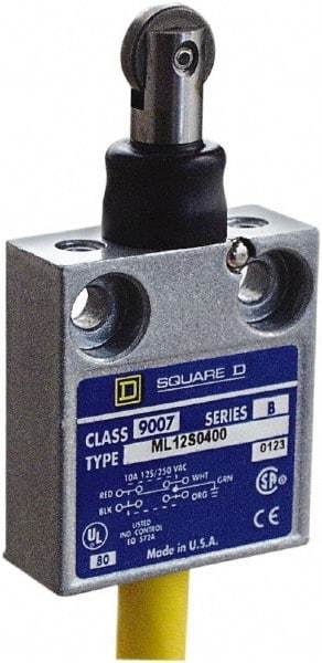 Square D - SPDT, NC/NO, 240 VAC, 4 Pin M12 Male Terminal, Roller Plunger Actuator, General Purpose Limit Switch - 1, 2, 4, 6, 6P NEMA Rating, IP67 IPR Rating, 80 Ounce Operating Force - Exact Industrial Supply