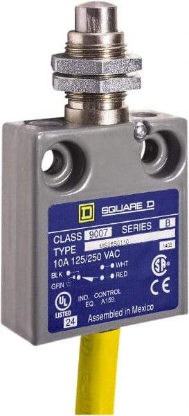 Square D - SPDT, NC/NO, 240 VAC, Prewired Terminal, Plunger Actuator, General Purpose Limit Switch - 1, 2, 4, 6, 6P NEMA Rating, IP67 IPR Rating, Panel Mount, 80 Ounce Operating Force - Exact Industrial Supply