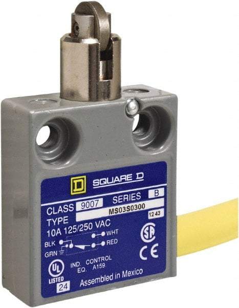 Square D - SPDT, NC/NO, 240 VAC, Prewired Terminal, Roller Plunger Actuator, General Purpose Limit Switch - 1, 2, 4, 6, 6P NEMA Rating, IP67 IPR Rating, 80 Ounce Operating Force - Exact Industrial Supply