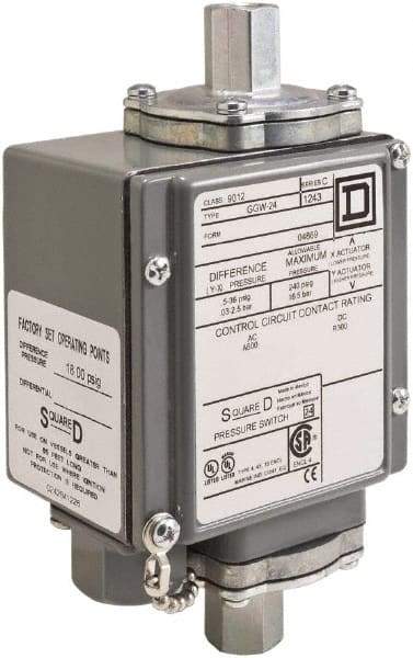 Square D - 4, 13 and 4X NEMA Rated, DPDT, 500 psi, Electromechanical Pressure and Level Switch - Adjustable Pressure, 120 VAC at 6 Amp, 240 VAC at 3 Amp, 250 VDC at 0.11 Amp, 1/4 Inch Connector, Screw Terminal, For Use with 9012G - Exact Industrial Supply