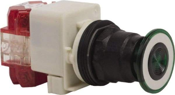 Schneider Electric - 30mm Mount Hole, Extended Straight, Pushbutton Switch with Contact Block - Green Pushbutton, Maintained (MA), Momentary (MO) - Exact Industrial Supply