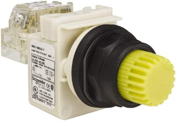 Schneider Electric - 1.22 Inch Mount Hole, Extended Straight, Pushbutton Switch with Contact Block - Round, Yellow Pushbutton, Illuminated, Momentary (MO), Anticorrosive, Dusttight, Oiltight, Watertight and Shock and Vibration Resistant - Exact Industrial Supply