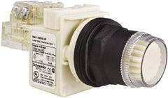 Schneider Electric - 1.22 Inch Mount Hole, Flush, Pushbutton Switch with Contact Block - Round, White Pushbutton, Illuminated, Momentary (MO), Anticorrosive, Dusttight, Oiltight, Watertight and Shock and Vibration Resistant - Exact Industrial Supply