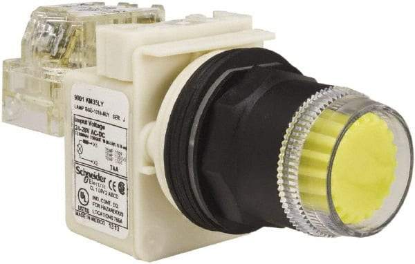 Schneider Electric - 30mm Mount Hole, Extended Straight, Pushbutton Switch with Contact Block - Yellow Pushbutton, Momentary (MO) - Exact Industrial Supply