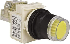 Schneider Electric - 30mm Mount Hole, Extended Straight, Pushbutton Switch with Contact Block - Yellow Pushbutton, Momentary (MO) - Exact Industrial Supply