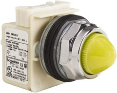 Schneider Electric - 12-14 VAC/VDC Yellow Lens LED Pilot Light - Domed/Round Lens, Screw Clamp Connector, 69.98mm OAL x 54mm Wide, Dust-tight, Oiltight, Shock Resistant, Vibration Resistant, Watertight - Exact Industrial Supply