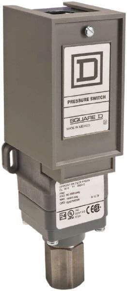 Square D - 1 NEMA Rated, SPDT, 170 to 5,600 psi, Electromechanical Pressure and Level Switch - Adjustable Pressure, 120 VAC at 6 Amp, 125 VDC at 0.22 Amp, 240 VAC at 3 Amp, 250 VDC at 0.27 Amp, 1/4 Inch Connector, Screw Terminal, For Use with 9012G - Exact Industrial Supply