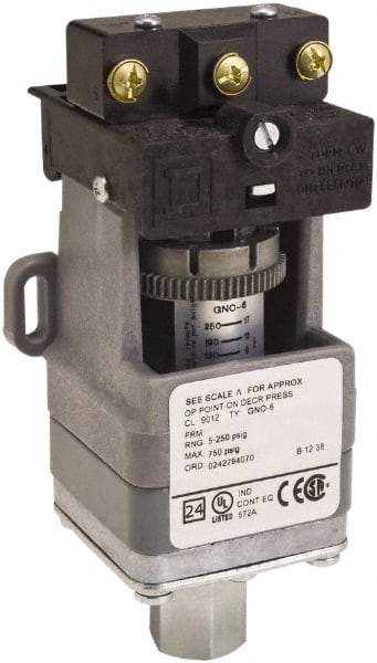 Square D - SPDT, 1.5 to 75 psi, Electromechanical Pressure and Level Switch - Adjustable Pressure, 120 VAC at 6 Amp, 125 VDC at 0.22 Amp, 240 VAC at 3 Amp, 250 VDC at 0.27 Amp, 1/4 Inch Connector, Screw Terminal, For Use with 9012G - Exact Industrial Supply