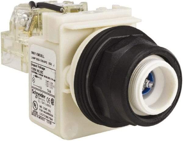 Schneider Electric - 120 V Blue Lens LED Pilot Light - Round Lens, Screw Clamp Connector, 54mm OAL x 42mm Wide, Vibration Resistant - Exact Industrial Supply