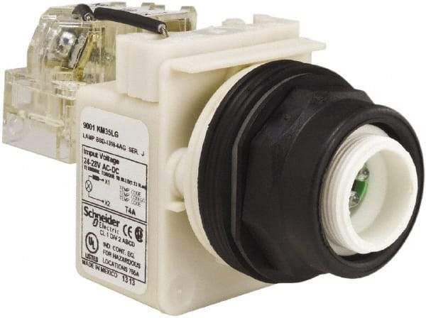 Schneider Electric - 28 V Green Lens LED Pilot Light - Round Lens, Screw Clamp Connector, 54mm OAL x 42mm Wide, Vibration Resistant - Exact Industrial Supply