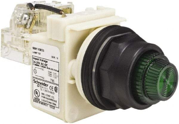 Schneider Electric - 24 V, 28 V Green Lens Press-to-Test Indicating Light - Round Lens, Screw Clamp Connector, Corrosion Resistant, Dust Resistant, Oil Resistant - Exact Industrial Supply