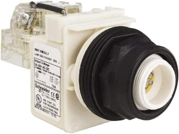 Schneider Electric - 28 V Yellow Lens LED Pilot Light - Round Lens, Screw Clamp Connector, 54mm OAL x 42mm Wide, Vibration Resistant - Exact Industrial Supply