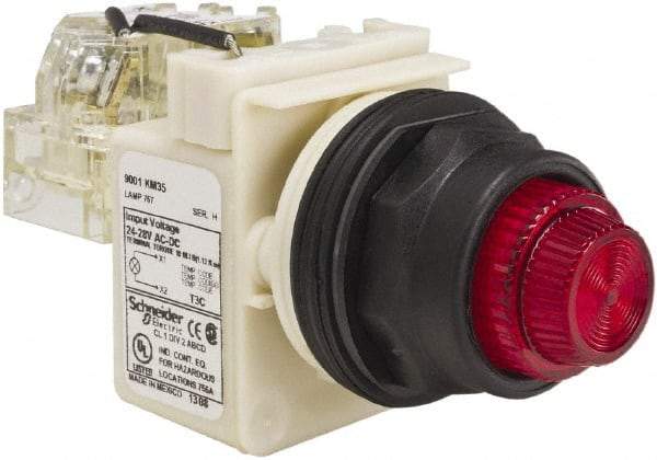 Schneider Electric - 24 V, 28 V Red Lens Press-to-Test Indicating Light - Round Lens, Screw Clamp Connector, Corrosion Resistant, Dust Resistant, Oil Resistant - Exact Industrial Supply