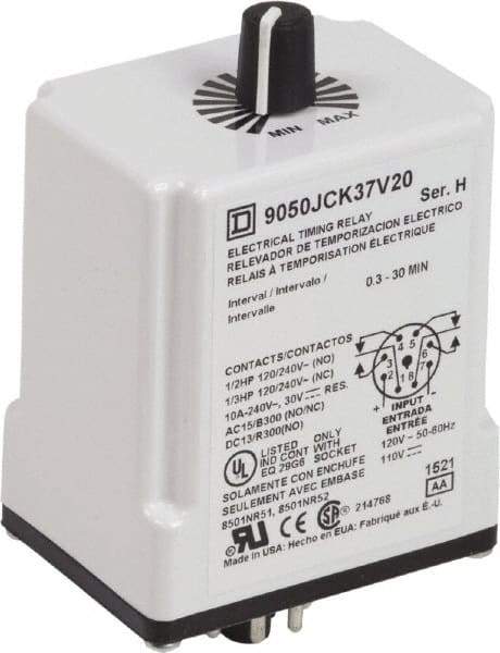 Square D - 0.3 to 30 min Delay, DPDT Time Delay Relay - 10 Contact Amp, 110 VDC & 120 VAC - Exact Industrial Supply