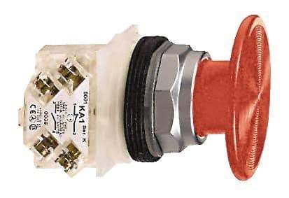 Schneider Electric - 30mm Mount Hole, Extended Mushroom Head, Pushbutton Switch with Contact Block - Round, Red Pushbutton, Momentary (MO) - Exact Industrial Supply