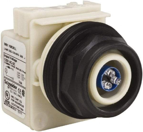 Schneider Electric - 120 V Blue Lens LED Pilot Light - Round Lens, Screw Clamp Connector, 54mm OAL x 42mm Wide, Vibration Resistant - Exact Industrial Supply