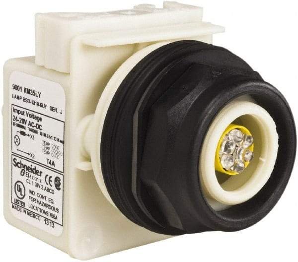 Schneider Electric - 28 V Yellow Lens LED Pilot Light - Round Lens, Screw Clamp Connector, 54mm OAL x 42mm Wide, Vibration Resistant - Exact Industrial Supply