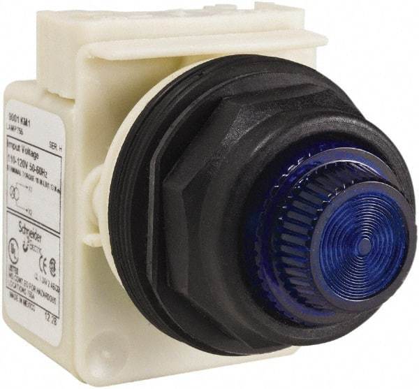 Schneider Electric - 110 VAC at 50/60 Hz via Transformer, 120 VAC at 50/60 Hz via Transformer Blue Lens Indicating Light - Round Lens, Screw Clamp Connector, Corrosion Resistant, Dust Resistant, Oil Resistant - Exact Industrial Supply