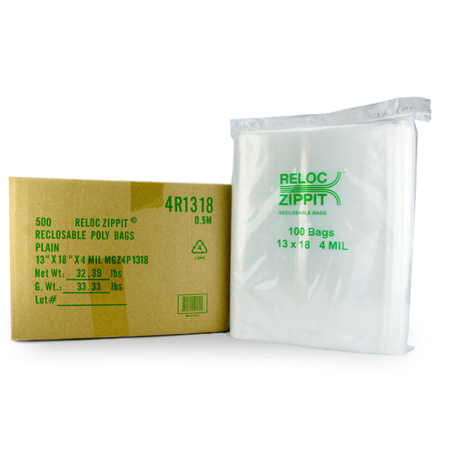 13″ × 18″ 4-MIL Clear Reloc Zippit Zipper Bags , Sold per Case of 500 (5 boxes of 100 per case)