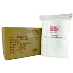 12″ × 15″ 4-MIL White Block Reloc Zippit Zipper Bags, Sold per Case of 500 (5 boxes of 100 per case)