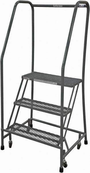 Cotterman - 60" 3 Step Rolling Warehouse Ladder - Rolling Safety Ladder, 450 Lb Capacity, 30" Platform Height, 20" Base Width x 26" Base Depth, Expanded Metal Tread - Exact Industrial Supply