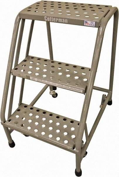 Cotterman - 30" 3 Step Rolling Warehouse Ladder - Rolling Safety Ladder, 450 Lb Capacity, 30" Platform Height, 20" Base Width x 27" Base Depth, Expanded Metal Tread - Exact Industrial Supply