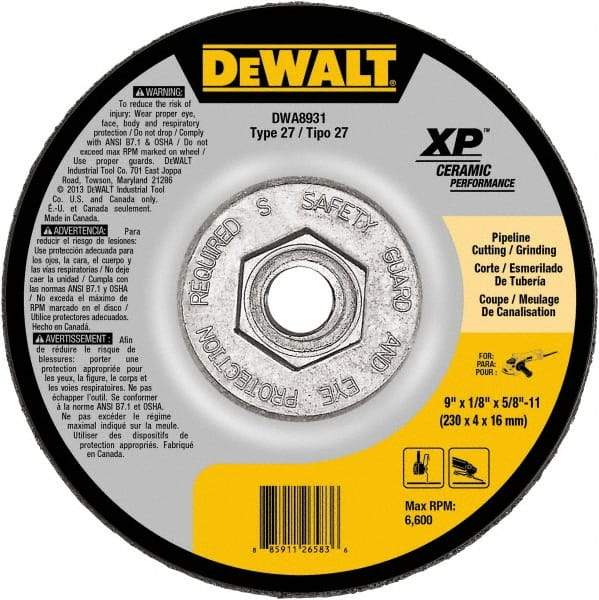 DeWALT - 24 Grit, 9" Wheel Diam, Type 27 Depressed Center Wheel - Coarse/Medium Grade, Ceramic, N Hardness, 6,600 Max RPM - Exact Industrial Supply