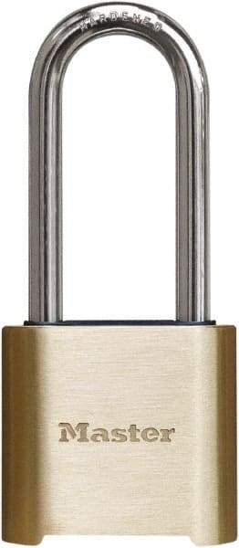 Master Lock - 2" Body Width x 3" Body Height, 2" Shackle Clearance, Brass Finish Combination Lock - 5/16" Shackle Diam, 1" Shackle Width, Set Your Own 4 Digit Combination - Exact Industrial Supply