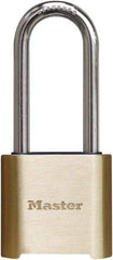 Master Lock - 2" Body Width x 3" Body Height, 2" Shackle Clearance, Brass Finish Combination Lock - 5/16" Shackle Diam, 1" Shackle Width, Set Your Own 4 Digit Combination - Exact Industrial Supply