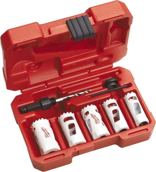 Milwaukee Tool - 7 Piece, 3/4" to 1-1/4" Saw Diam, Automotive Hole Saw Kit - Bi-Metal, Toothed Edge, Includes 5 Hole Saws - Exact Industrial Supply