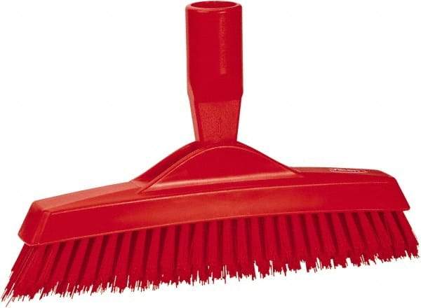 Vikan - 1.6" Bristle Length, Polyester Utility Scrub Brush - 9" Long x 1-1/2" Wide Head, 9-1/4" OAL, European Threaded Handle, Red, Polypropylene Block - Exact Industrial Supply