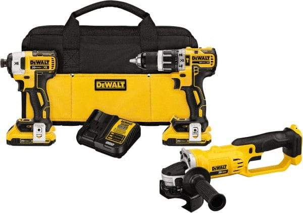 DeWALT - 20 Volt Cordless Tool Combination Kit - Includes Brushless Compact Hammer Drill, Impact Driver, Angle Grinder & Cut-Off Tool, Lithium-Ion Battery Included - Exact Industrial Supply