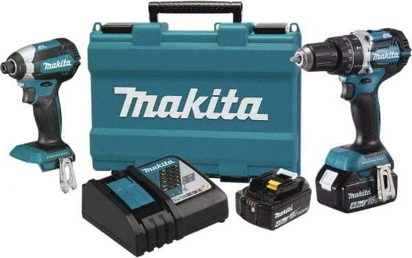 Makita - 18 Volt Cordless Tool Combination Kit - Includes 1/2" Hammer Drill & 1/4" Impact Driver, Lithium-Ion Battery Included - Exact Industrial Supply