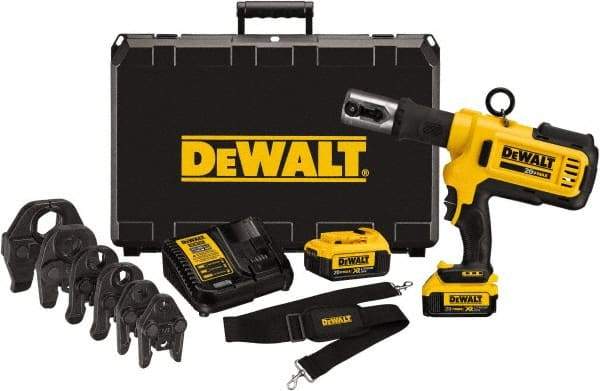 DeWALT - 4 Ton Electric Crimper - Includes DCE200, (2) DCB204, DCE115, Shoulder Strap, (5) 1/2 - 2" Crimping Heads, Kit Box - Exact Industrial Supply