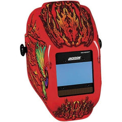 Jackson Safety - 2.36" Window Width x 3.94" Window Height, 9 to 13 Shade Auto-Darkening Lens, Fixed Front Welding Helmet with Digital Controls - Red Flaming Butterfly Design, Nylon - Exact Industrial Supply